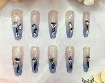 Sapphire Blue Crystal Diamond Tears Press On Nails by SMILINGSTYLE | Luxury Fake Nails | Reusable Nails | Handmade Nails
