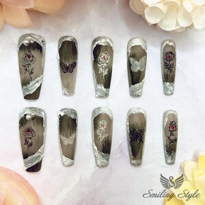 Dark Gypsum Rose and Butterfly Press On Nails by SMILINGSTYLE | Luxury Fake Nails | Reusable Nails | Handmade Nails