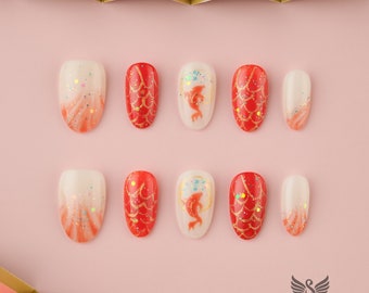 Lucky Koi Fish Press On Nails by SMILINGSTYLE | Luxury Fake Nails | Reusable Nails | Handmade Nails