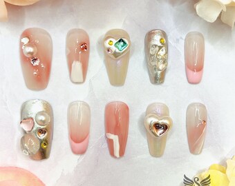 Pink Pearl Crystal Press On Nails by SMILINGSTYLE | Luxury Fake Nails | Reusable Nails | Handmade Nails