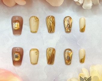 Early Autumn Coffee Brew Press On Nails by SMILINGSTYLE | Luxury Fake Nails | Reusable Nails | Handmade Nails