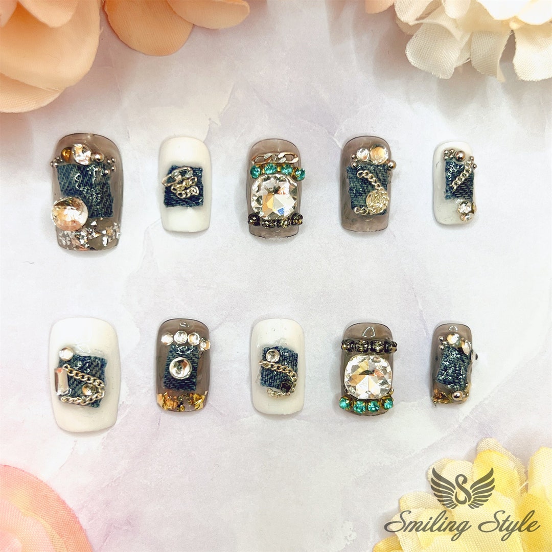 Cowboy Chain Jeans Press on Nails by SMILINGSTYLE Luxury Fake Nails ...