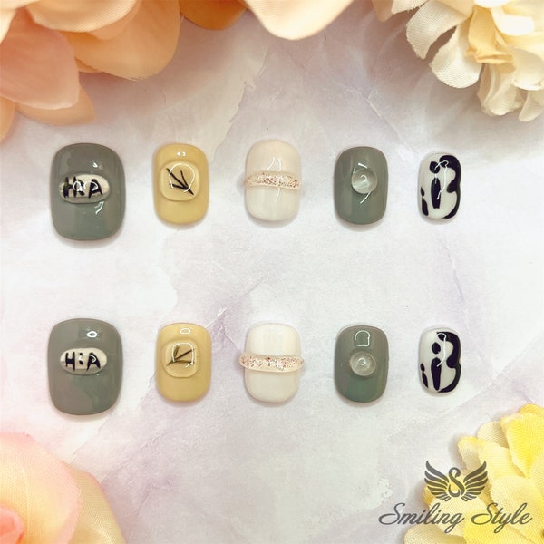 Piccole rocce di cristallo giapponesi stampano sulle unghie di SMILINGSTYLE / Unghie finte di lusso / Unghie riutilizzabili / Unghie fatte a mano