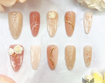 Sea Shell River of Camellia Press On Nails by SMILINGSTYLE | Luxury Fake Nails | Reusable Nails | Handmade Nails