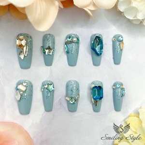 Blue Ocean Larimar Press On Nails by SMILINGSTYLE | Luxury Fake Nails | Reusable Nails | Handmade Nails