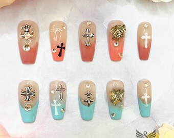 French Blue Powder/Pink Pow Press On Nails by SMILINGSTYLE | Luxury Fake Nails | Reusable Nails | Handmade Nailsder Cross Hearts