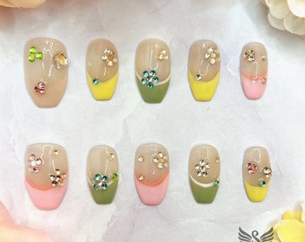French Rainbow with Little Press On Nails by SMILINGSTYLE | Luxury Fake Nails | Reusable Nails | Handmade Nails Diamonds