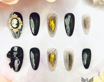 Black Beauty Bride Press On Nails by SMILINGSTYLE | Luxury Fake Nails | Reusable Nails | Handmade Nails