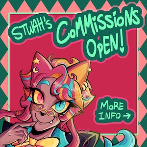 May include: A digital illustration of a cat-like character with pink, yellow, and blue hair, wearing round glasses and a yellow bowtie. The text reads STWAH'S COMMISSIONS OPEN! and MORE INFO with an arrow, set against a pink and green diamond background.