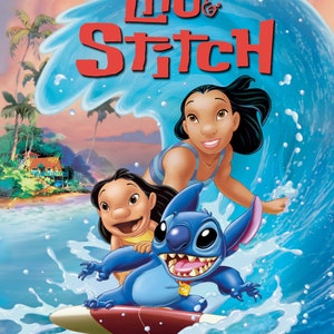 May include: Lilo & Stitch movie poster featuring Lilo, Stitch, and a blue wave with the title "Lilo & Stitch" in red letters.