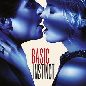 May include: Movie poster for "Basic Instinct" featuring a close-up of two people kissing, rendered in blue tones. The title is in red and black text. The image has a dramatic and sensual feel.