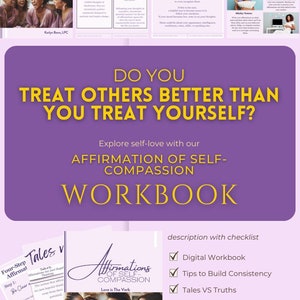 Könnte beinhalten: Ein lila und gelbes Arbeitsbuch mit dem Titel "Behandelst du andere besser, als du dich selbst behandelst?" mit dem Untertitel "Erforsche Selbstliebe mit unserem Arbeitsbuch zur Affirmation der Selbstmitgefühl". Das Arbeitsbuchcover zeigt ein Foto von drei lachenden Frauen. Das Arbeitsbuch ist als digitaler Download erhältlich und enthält 25 Affirmationskarten.