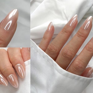 30 pezzi di unghie finte a mandorla smaltate a specchio • Ciambella smaltata Hailey Bieber • Unghie da sposa • Unghie corte a mandorla • Unghie finte cromate
