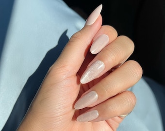 Velvet Shimmery Champagne Pearlescent Almond Press On Nails • Wedding Nails • Nails for Spring • Reusable • Hailey Bieber Glazed Donut Nails