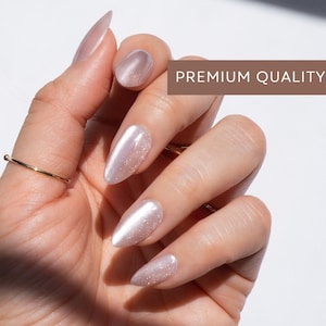 30pcs Velvet Chrome Glazed Champagne Pearlescent Almond Short Press On Nails • Wedding Nails • Hailey Bieber Glazed Donut • Gift for Her