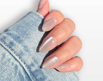 Short Velvet Shimmery Champagne Pearlescent Almond Press On Nails • Wedding Nails • Summer Nails • Reusable • Hailey Bieber Glazed Donut