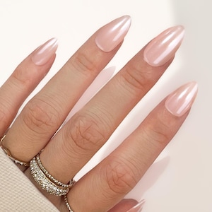 30pcs Hailey Bieber Inspired Chrome Pearl Nails • Pearl White Almond Nails Fake Nails Handmade Press On Nails Faux Acrylic Nails Long Short