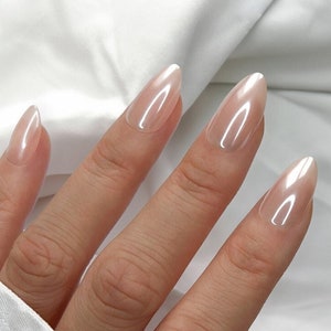 30pcs Frosted Glazed Pearl Almond Press On Nails • Hailey Bieber Glazed Donut • Wedding Nails • Summer • Reusable • Chrome Press Ons Set