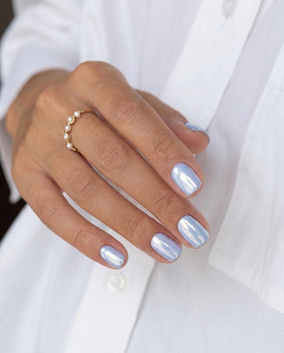 Baby Blue Glazed Chrome Press on Nails • Squoval Reusable Gel Set