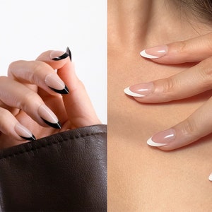 French Manicure Nails • Press On Nails • French Tips • Wedding Nails • Black/White Almond Press On Nails • Gift for Her • Nails for Summer