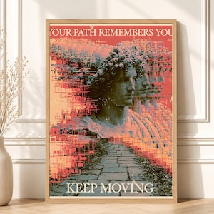 Busto de estátua clássica para imprimir, colagem de grade com efeito glitch "Keep Moving"