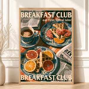 Pôster imprimível de cozinha com waffles e café, estilo retrô de clube do café da manhã.