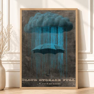 Binary Rain Umbrella Poster, Cloud Storage Full Vintage Tech Art