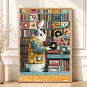 May include: A framed wall art print featuring a white rabbit wearing blue and yellow floral patterned clothing and headphones, standing before a record player and a large shelf filled with vinyl records, with a yellow rug on the floor.
