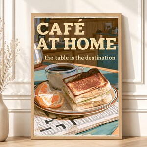 Pôster imprimível de café e sanduíche, estilo retrô, para café da manhã em casa.