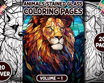 May include: A coloring book cover featuring a stained glass lion and a wolf. The title is "Animals Stained Glass Coloring Pages" and the subtitle is "Volume - 1". There are 200 pages and 20 cover pages.