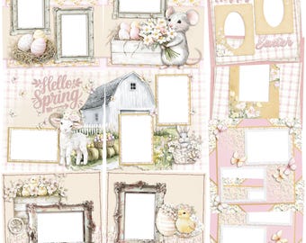 May include: A scrapbook layout with a spring and Easter theme. The design features frames, a lamb, a barn, a mouse, eggs, flowers, and the text "Hello Spring" and "Happy Easter". The color palette includes pink, yellow, and white.