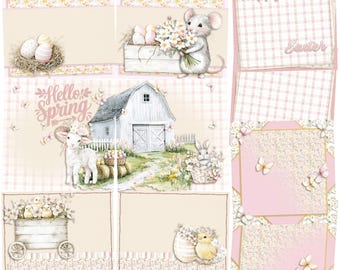 May include: A collage of Easter-themed illustrations. The images include a lamb, a mouse, a bunny, eggs, chicks, and a barn. The words "Hello Spring" and "Happy Easter" are also present. The color palette is soft, with pastel pinks, yellows, and greens.