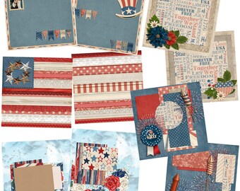 May include: A digital scrapbook paper pack with a patriotic theme. The papers feature red, white, and blue colors, stars, stripes, and text related to American independence.