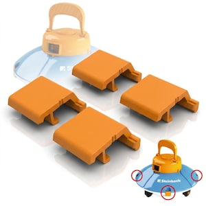 Könnte beinhalten: Ein orangefarbener und blauer Poolreiniger mit vier orangefarbenen Ersatzteilen. Der Poolreiniger hat einen Griff und eine kleine Kamera. Die Ersatzteile sind rechteckig mit einem einzigartigen Design. Der Poolreiniger trägt den Markennamen "Steinbach".