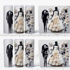 Enhance your wedding vibes with our stunning 3D tumbler wrap featuring a beautiful wedding dress and tuxedo design!