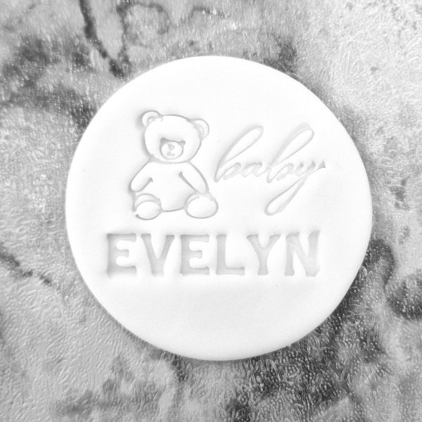 Personalisierter Namens-Baby-Stempel mit Teddybär-Keksprägung, Fondant-Glasur