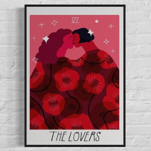 Poster dei tarocchi lesbici "Gli amanti", carta ispirata ai tarocchi con illustrazione minimalista dell'amore lesbico, regalo perfetto per l'amore tra donne