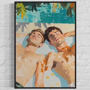 Two Gay Lovers Poster,LGBTQ Retro Wall Art Print, Gay Boyfriend Kissing, Homosexual Queer Summer vintage, Men love, Inspired Queer Art