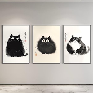 3er-Set niedliche Katzen Poster in schwarz und weiß, minimalistischer Stil, chinesische Tuschekunst, Design für alle Altersgruppen und Katzenliebhaber, Unisex Geschenk für Babys