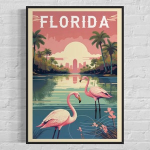 Póster retro de Florida/impresión de paisaje con flamencos/arte minimalista para decoración del hogar/diseño vintage moderno para amantes de los viajes de todas las edades