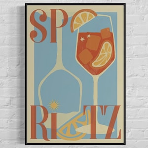Impresión de cóctel Aperol Spritz, póster de cóctel vintage, arte de pared retro y minimalista, para amantes de la decoración de la cocina, perfecto como regalo unisex