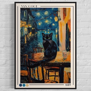 Cat Van Gogh Poster, Black cat on the terrace Print, Cat lovers Gift, Inspiring Artistic Style, Funny Cat Print Wall Art home decor Print