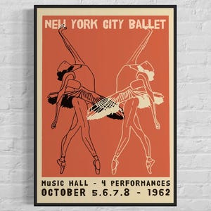 Plakat Balet Nowy Jork, Dwie wydrukowane baletnice w symetrii, Sztuka ścienna vintage, Sztuka minimalistyczna, Ilustracja tancerki, Ładna dekoracja prezentu