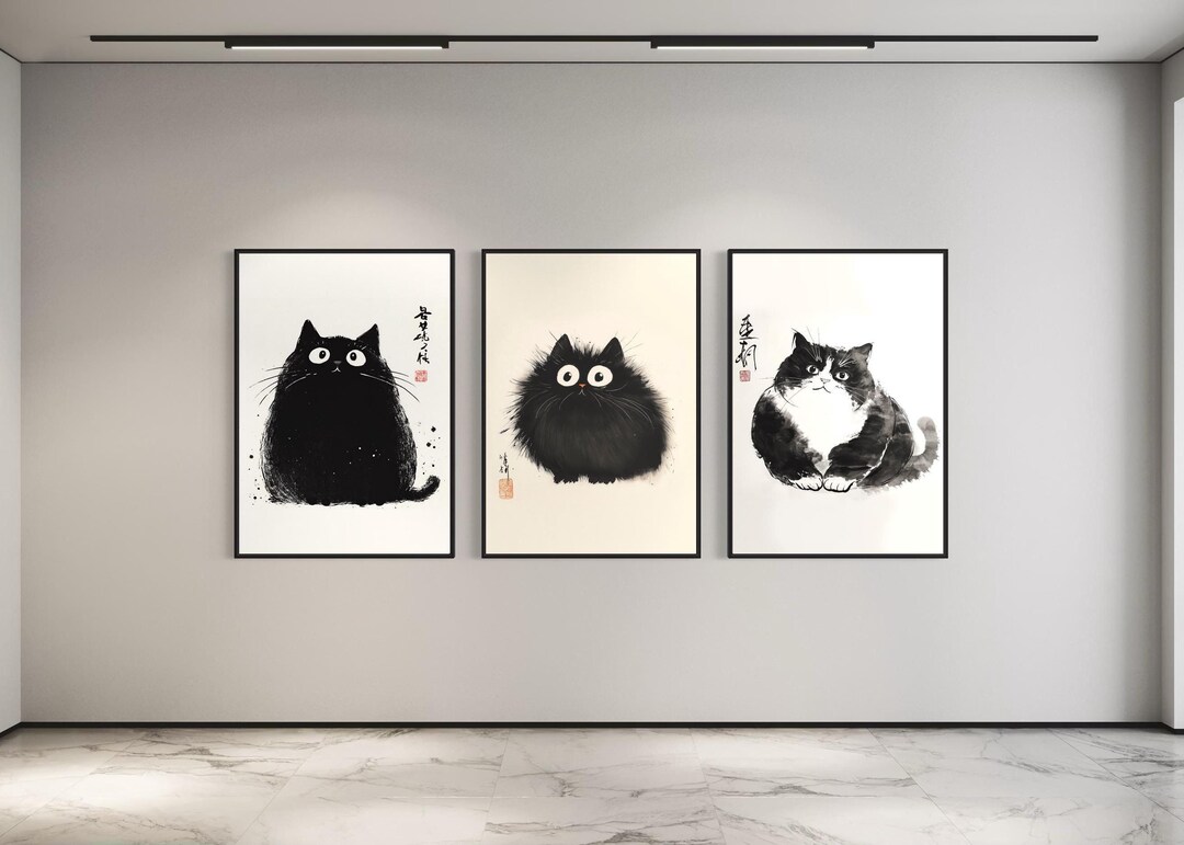 Set of 3 Cute Cat Posters in Black and White, Minimalist Style, Chinese ...