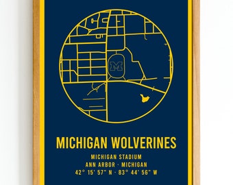 Impresión del mapa del estadio de los Wolverines de la Universidad de Michigan moderna / Mapa del estadio de fútbol americano universitario / Regalo para fanáticos del fútbol americano /