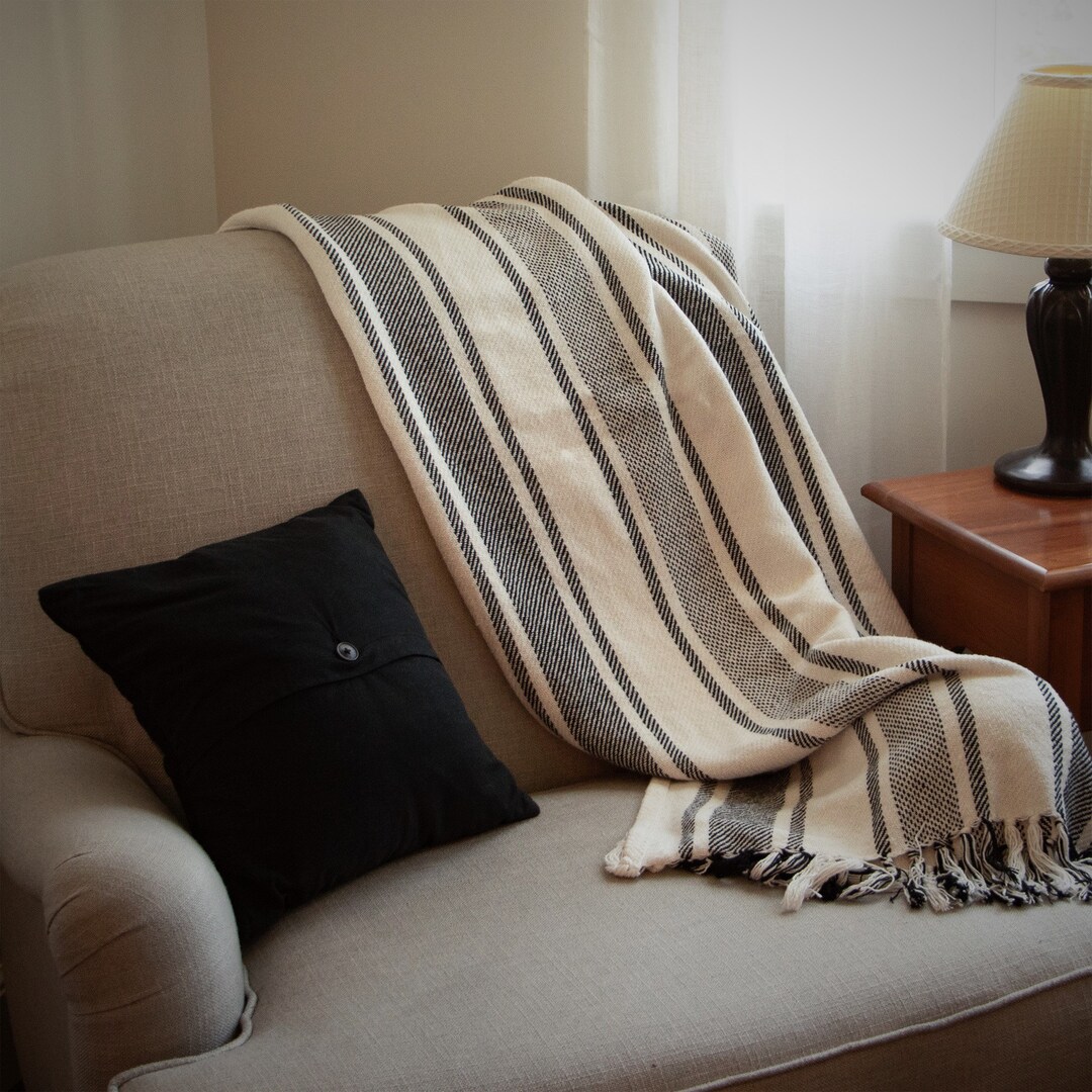 100 Cotton Striped Throw Blanket With Fringes Black and White