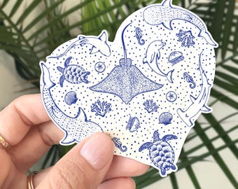 Sea Life Heart Sticker - Blue