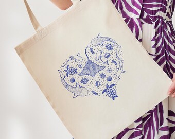 Blue Sea Life Heart Tote Bag