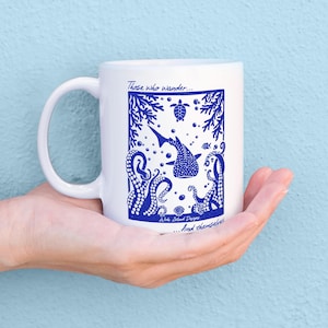 Ocean Creatures Ceramic Mug, Hand Drawn. Quote &#39;Those Who Wander Find Themselves&#39;, Gift for Ocean Lover, Marine Biologist, Scuba Diver