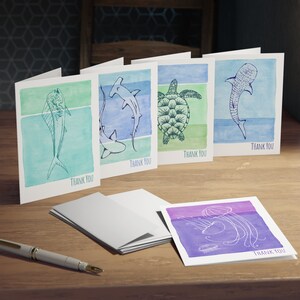 Grazie Ocean Creatures Watercolor Greeting Card Set / Vuoto all'interno / Design disegnato a mano / Biglietti di auguri multi-design (confezione da 5)